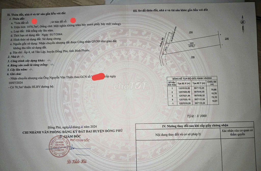CHÍNH CHỦ BÁN 1.070,7M² ĐẤT ĐỒNG PHÚ, BÌNH PHƯỚC – SỔ HỒNG CHÍNH CHỦ