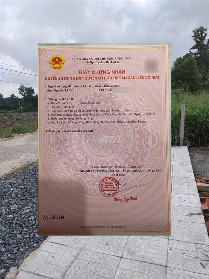 Bán đất chính chủ 200m², sổ riêng tại Minh Hưng, Chơn Thành