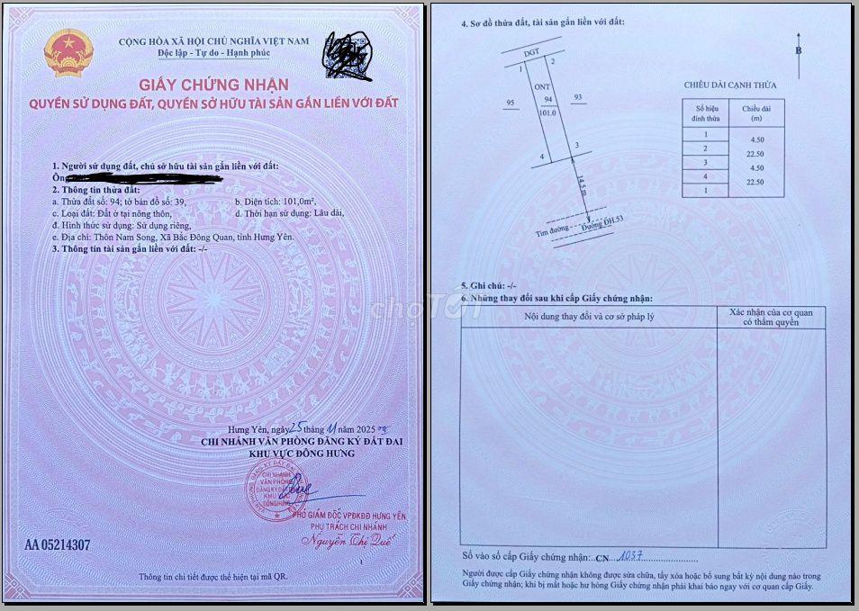 Chính chủ cần tiền bán mảnh đất diện tích 101m2 (dài 22.5m, rộng 4.5m)