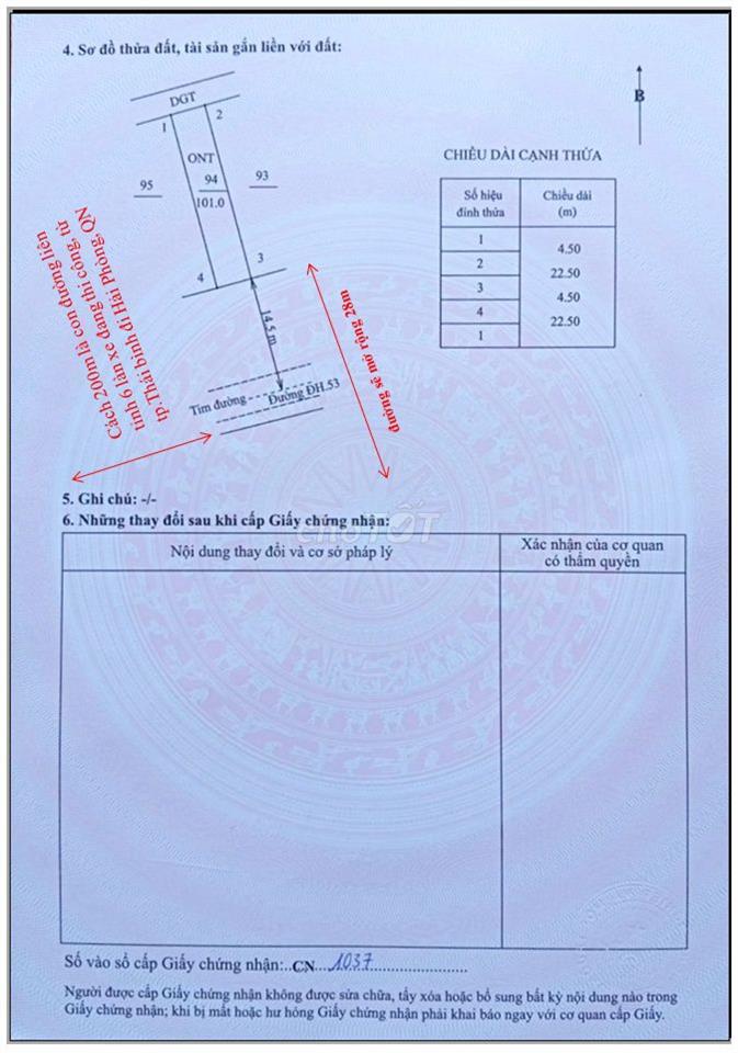 Chính chủ cần tiền bán mảnh đất diện tích 101m2 (dài 22.5m, rộng 4.5m)