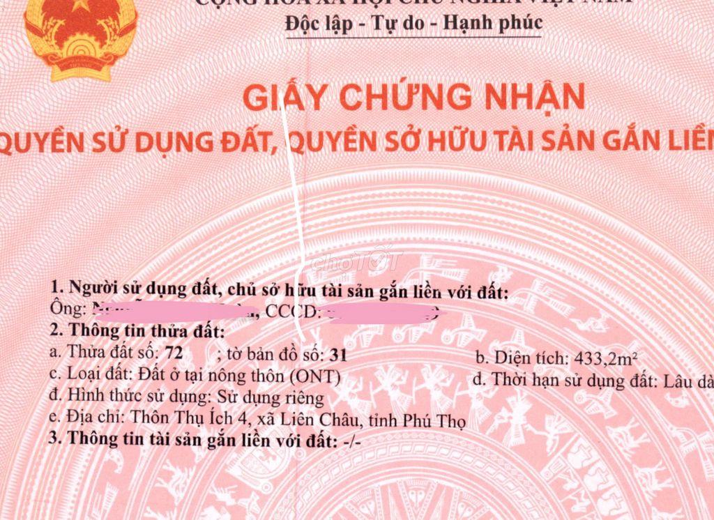 Chính chủ bán đất Thôn Thụ Ích 4, Liên Châu