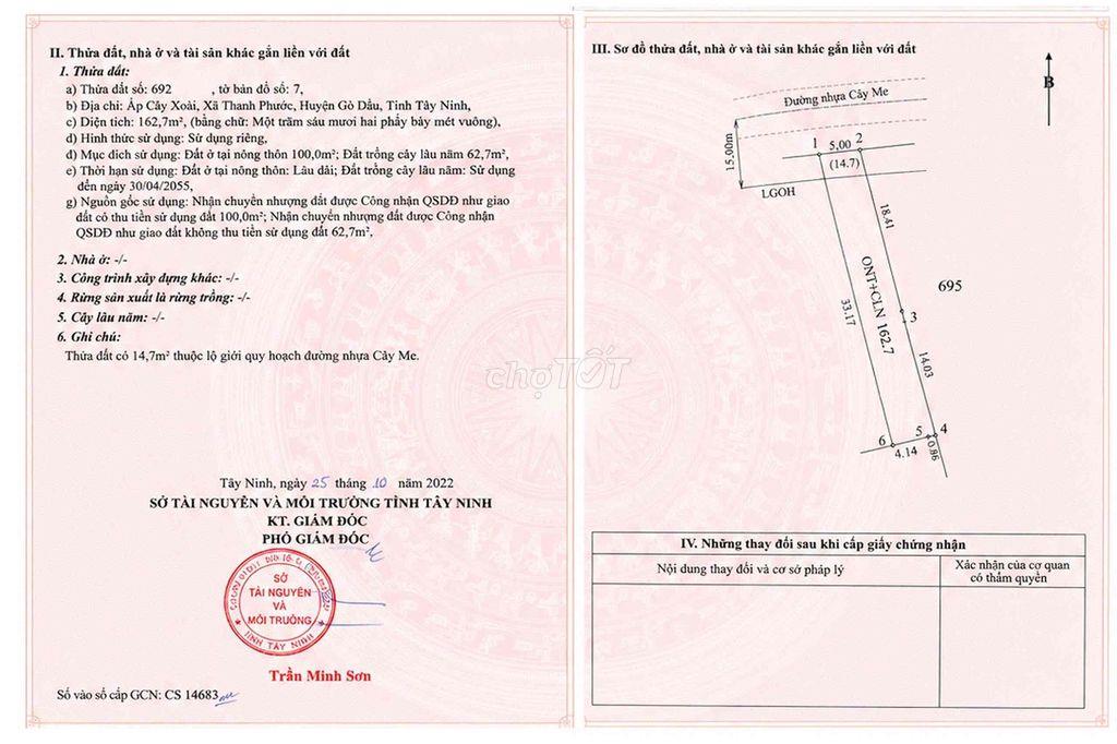 Bán Đất mặt tiền đường Cây Me Ng 5 X 33 =165m đã lên 100 m thổ cư
