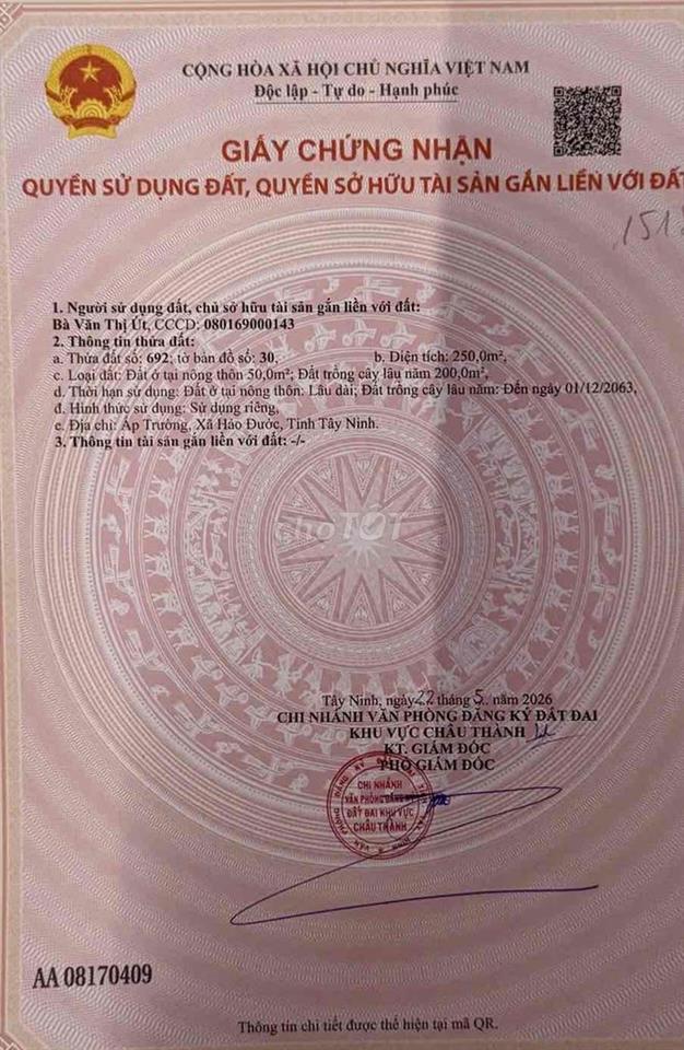 ĐẤT MẶT TIỀN ĐƯỜNG NHỰA. HẢO ĐƯỚC, CHÂU THÀNH.