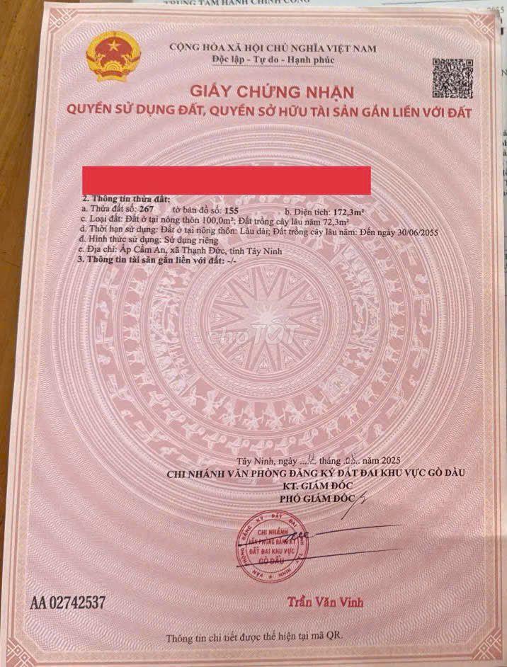 BÁN GẤP ĐẤT XÃ THẠNH ĐỨC TÂY NINH, ĐƯỜNG NHỰA, SẴN 200M2 THỔ CƯ