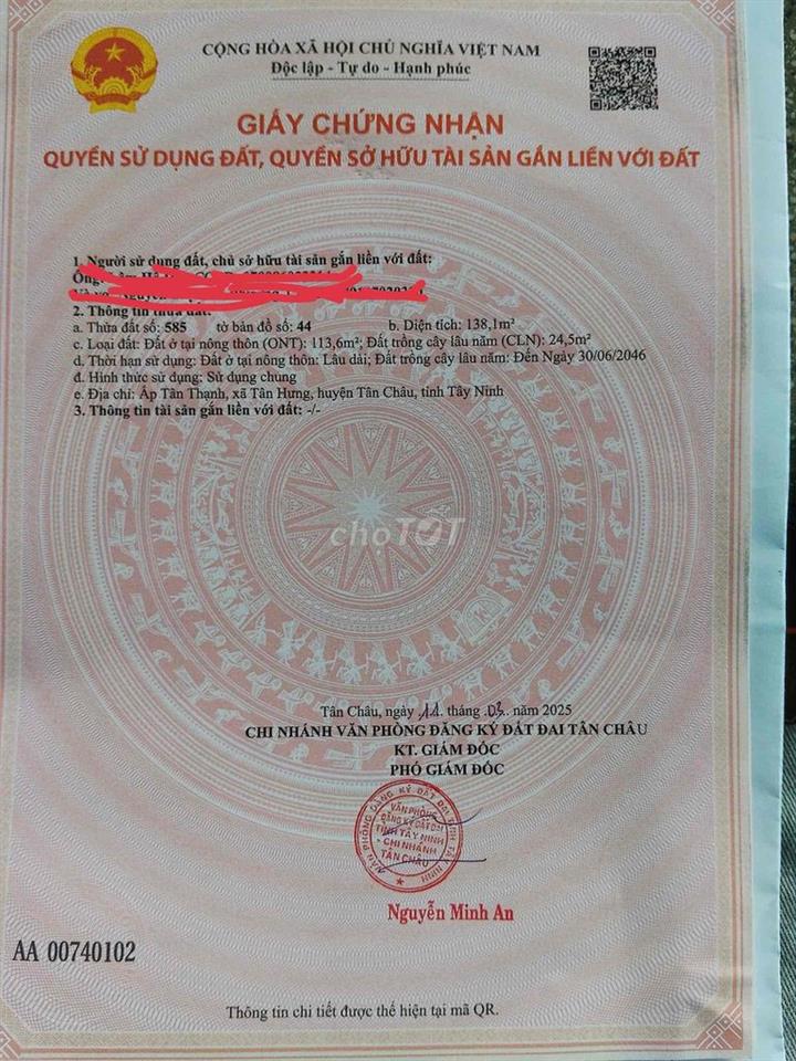 Bán đất Tân Hưng, Tân Châu, Tây Ninh