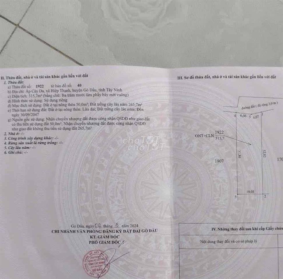 Chính chủ cần bán Đất gần KCN Hiệp Thạnh, diện tích 10x32