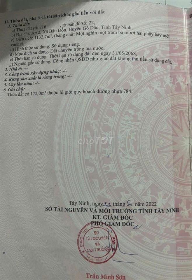 Đất mặt tiền ĐT784 cách ngã ba Bàu Đồn 500m