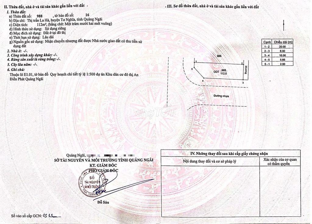 CẦN BÁN LÔ GÓC DIỆN TÍCH 112m2 KDC AN ĐIỀN PHÁT. TT LA HÀ . TƯ NGHĨA