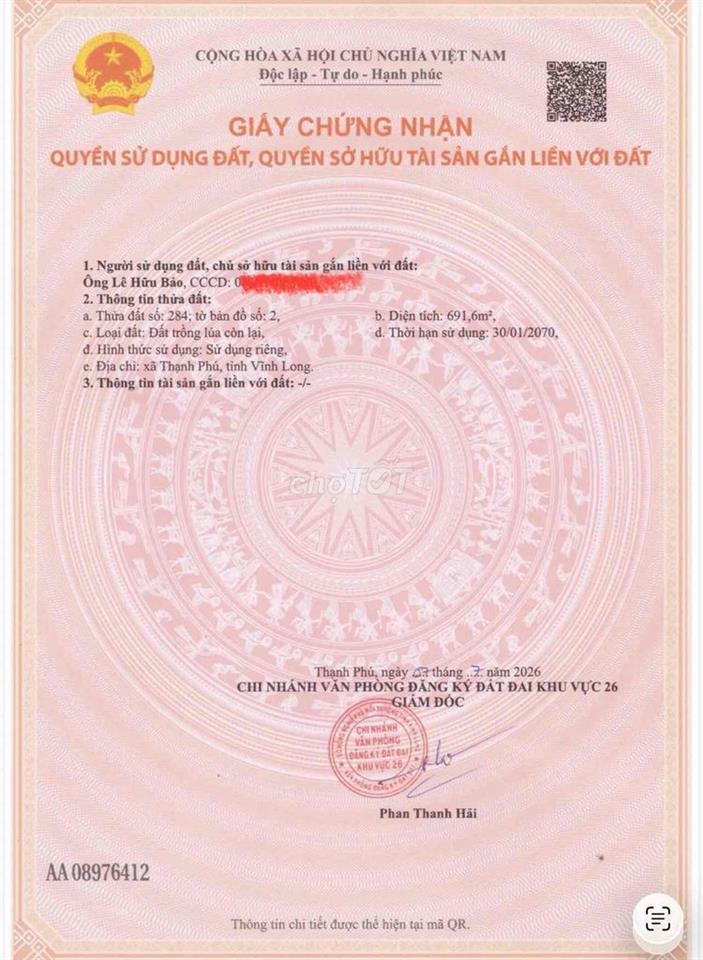 Đất mặt tiền 30/10 - Thạnh Phú - Bến Tre