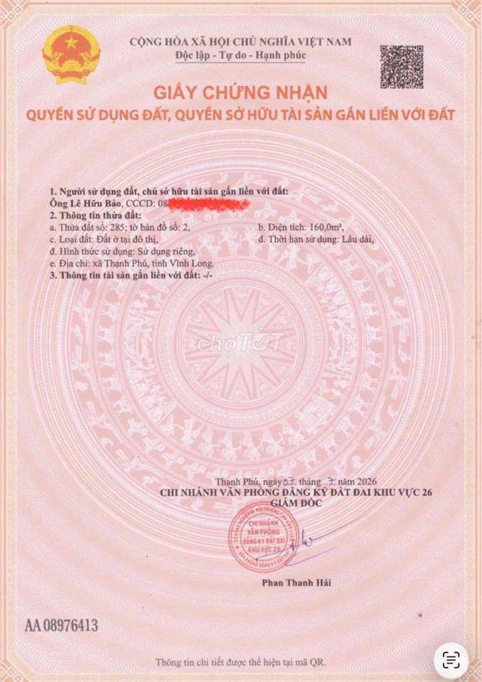 Đất mặt tiền 30/10 - Thạnh Phú - Bến Tre