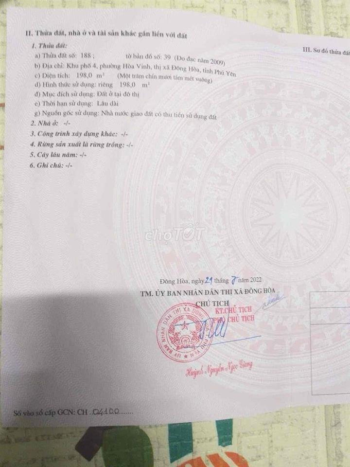 Chính chủ 198m2 ĐẤT THỔ CƯ ODT ĐÔNG HOÀ - PHÚ YÊN