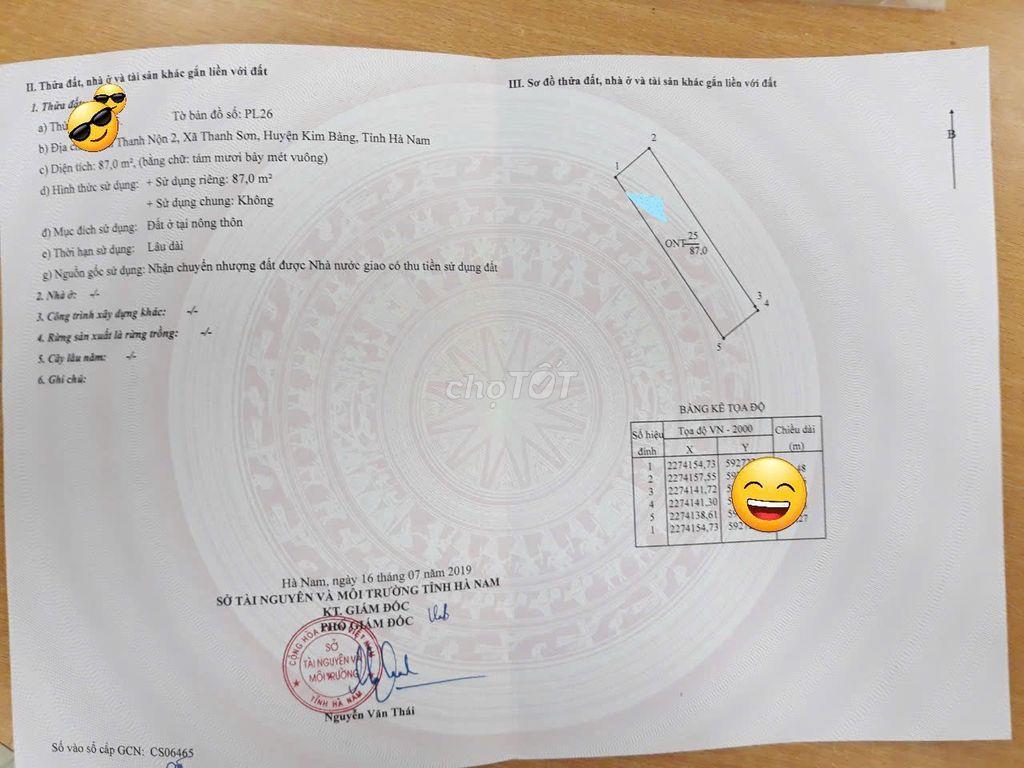 87m2 thổ cư gần Phủ Lý