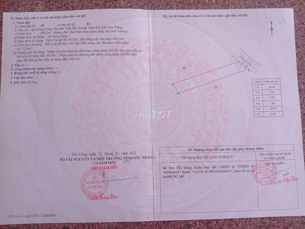 Cần bán 6,96m đất nền thổ cư mặt tiền lộ bê tông  trên 3m trung tâm TĐ