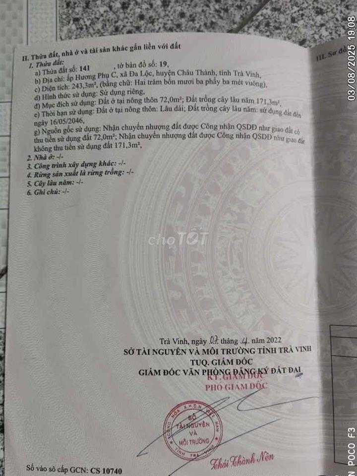 Cần bán đất cách quốc lộ 54 300m gần chợ gần trường học