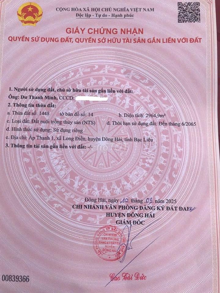 Bán đất Ấp Thạnh 1, Long Điền, Đông Hải, Bạc Liêu, 1,6 tỷ, 2964,9m2
