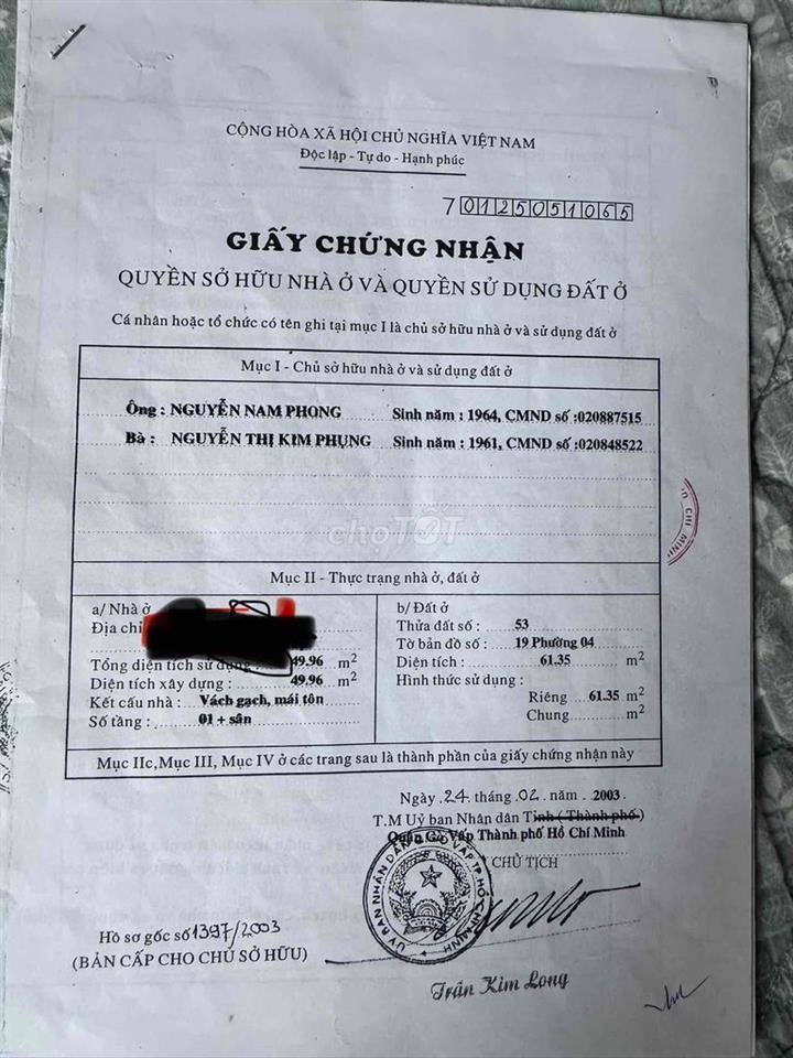 Bán nhà nguyên căn 1trệt 2 lầu, sân thượng