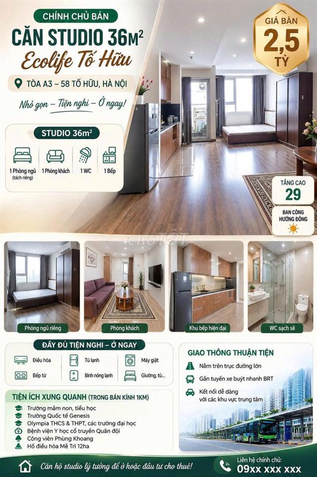 Tìm chủ mới cho căn Studio 36m2 Ecolife Tố Hữu
