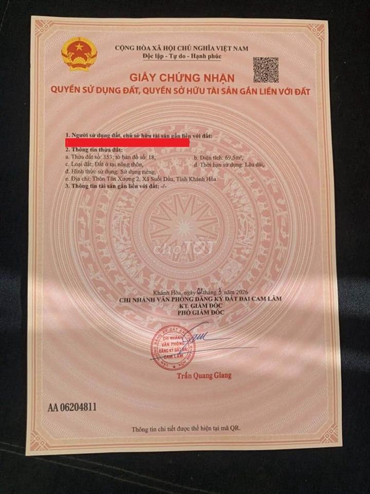 ĐẤT CAM LÂM GIÁ RẺ, FULL THỔ CÁCH CHỢ CHỈ 200M, NGÂN HÀNG HỖ TRỢ 70%