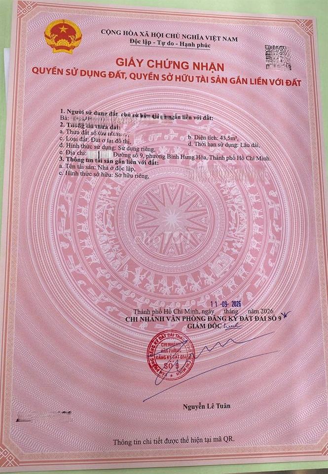 CC gửi ACE MG Nhà hẻm 6m thông Đường số 9 BHH, 43.5m2 3.5 tỷ