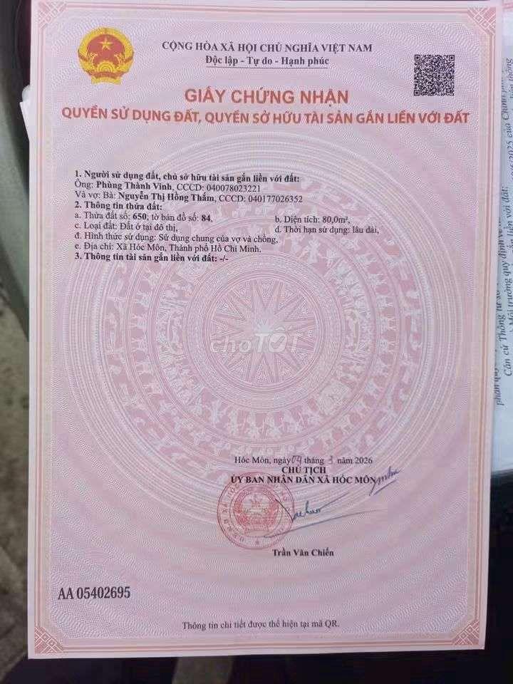 Bán Đất Mặt tiền đường nhựa Tân Xuân Hóc Môn 