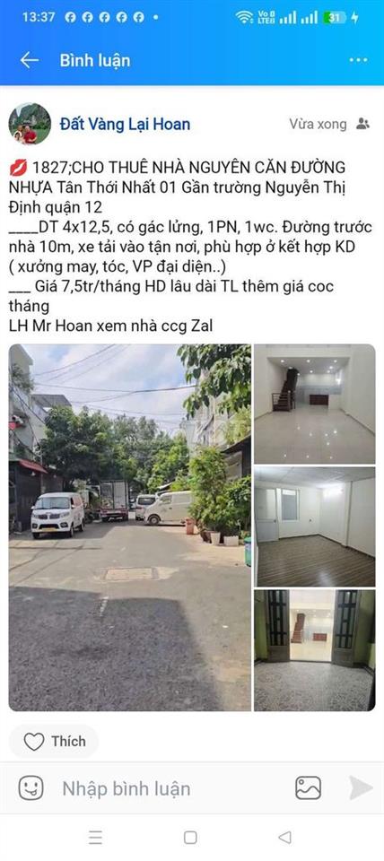 CHO THUÊ NHÀ NGUYÊN CĂN ĐƯỜNG HẺM Tân THỚI NHẤT 01 Quận 12 