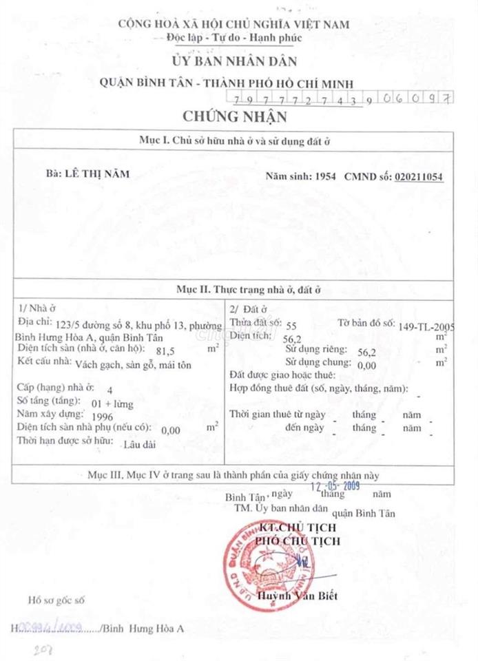 CHÍNH CHỦ CẦN BÁN NHÀ CẤP 4 – BÌNH TÂN Địa chỉ: 123/5 Đường số 8, KP.1