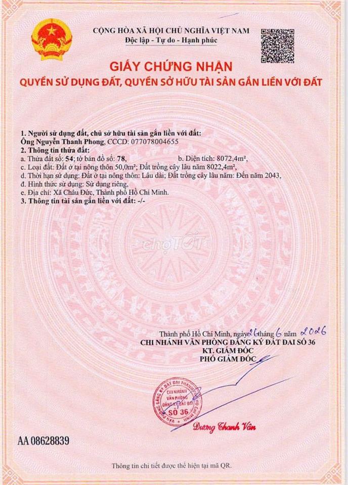 NGỘP BANK Bán nhanh 8 sào đất sẵn 50 m2 thổ cư - châu đức( BRVT củ)