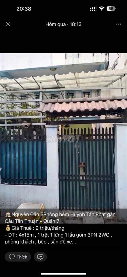 🏠Cho Thuê Nhà Nguyên Căn 3Phòng hẻm Huỳnh Tấn Phát gần Cầu Tân Thuận