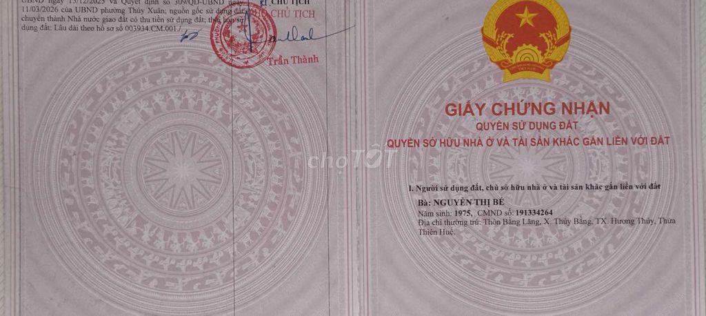 BÁN ĐẤT THỔ CƯ RỘNG RÃI - THÔN BẰNG LĂNG, THUỶ BẰNG, THỦY XUÂN TP HUẾ