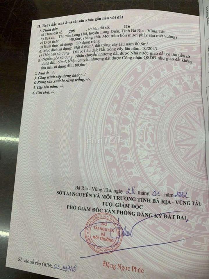 chính chủ cần bán đất ngay đường Hùng Vương. long hải bà Rịa vũng tàu 