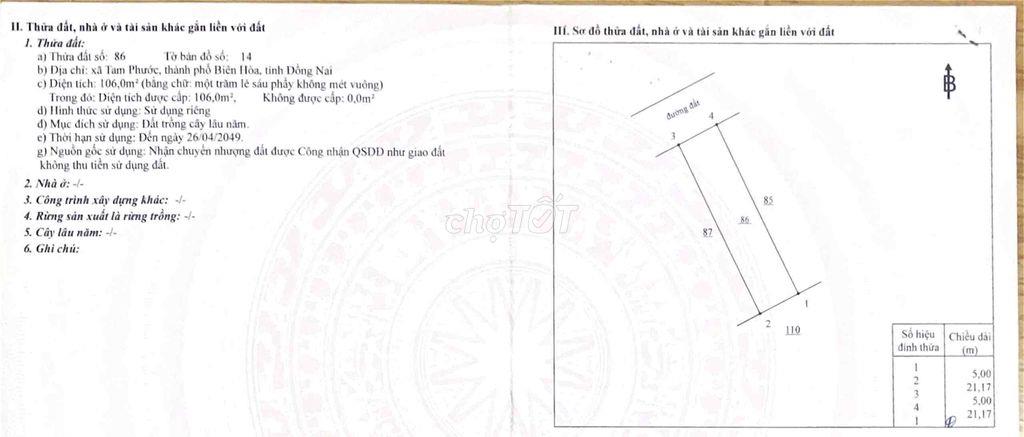 chính chủ bán 106m2 đất tại Tam Phước, Biên Hoà, Đồng Nai