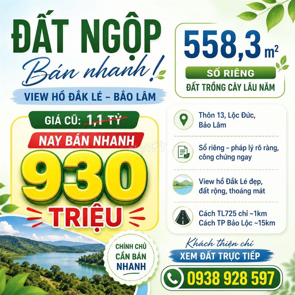 CHÍNH CHỦ NGỘP 980 TRIỆU – 558m² VIEW HỒ ĐẮK LÊ, BẢO LÂM