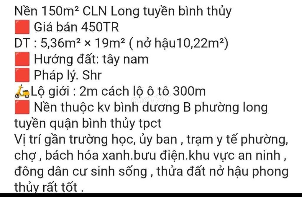 150m2 đất CLN - chính chủ - cách ubnd phường Long tuyền TPCT 800m
