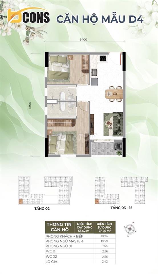Căn hộ Bcons City Life 53,62m2, 2PN