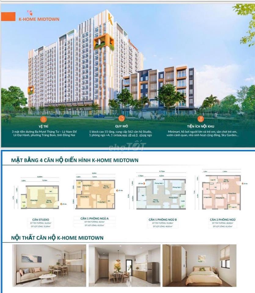 Chung cư K Home Midtown 47m2, 1PN, MT 30/4, Trảng Bom, Đồng Nai