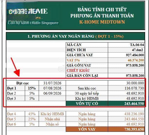 Căn hộ K-Home Midtown, 47m2, 2PN, 973 triệu