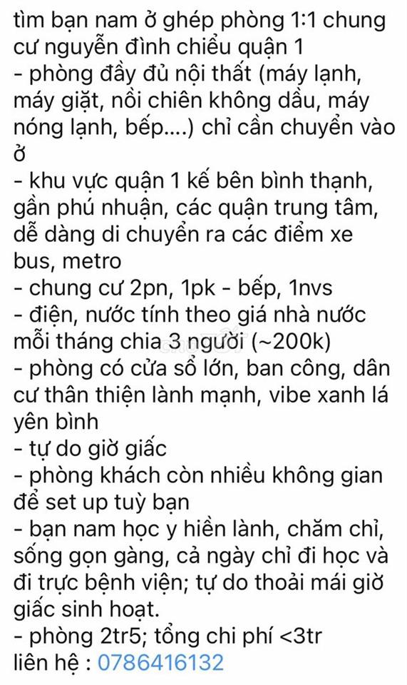 Tìm bạn ở ghép phòng chung cư Nguyễn Đình Chiểu Quận 1