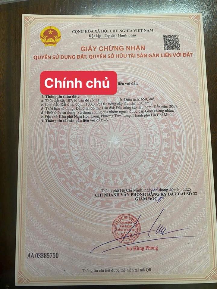 [CHÍNH CHỦ] BÁN ĐẤT MẶT TIỀN QL 52  Hòa Long 
