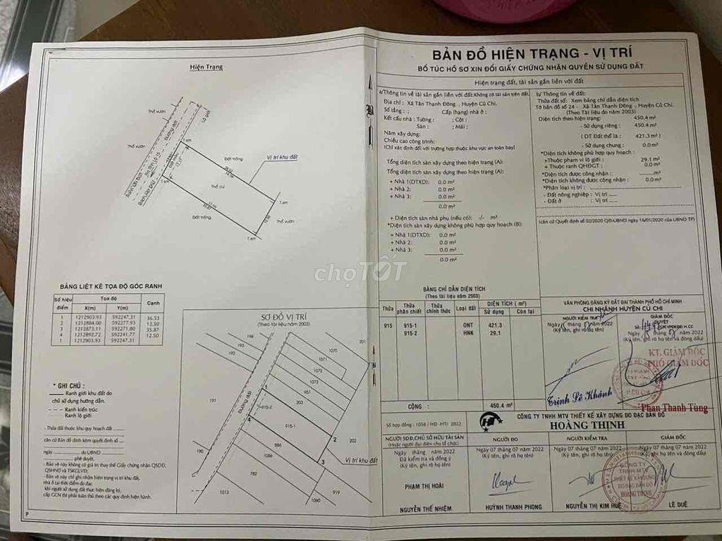 Đất chính chủ 12,5 x37m 450m2 Tân Thạnh Đông , Củ Chi