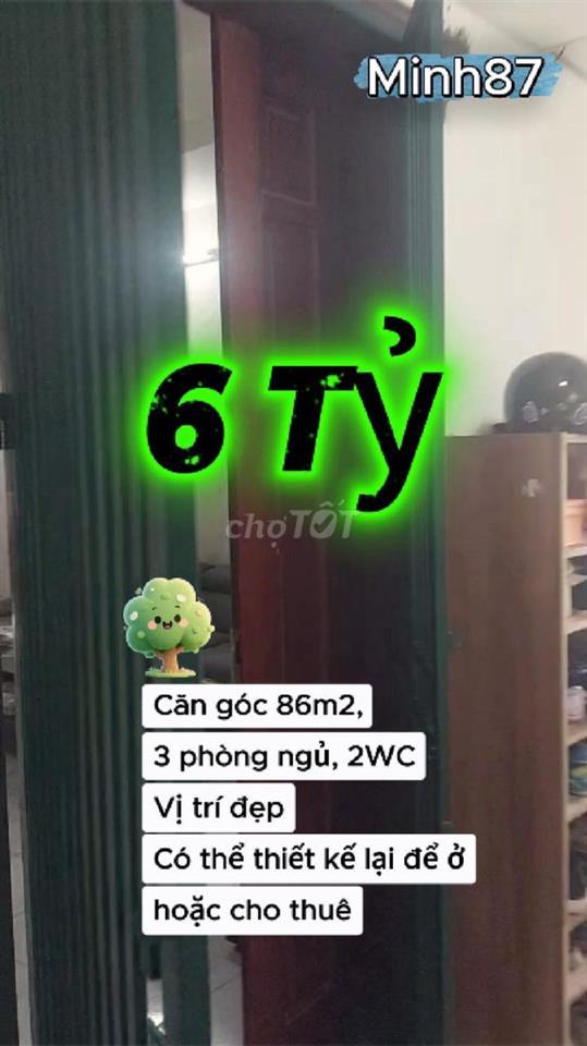 CHÍNH CHỦ BÁN CĂN GÓC 86,6M2 3PN 2WC, NHÀ CT1 THÀNH PHỐ GIAO LƯU