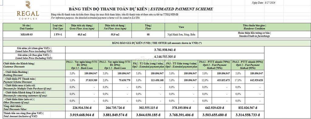 GIẢM THÊM 3% + 1 CHỈ VÀNG SJC CHO ĐẠI LỄ 2/9 CĂN HỘ REGAL COMPLEX