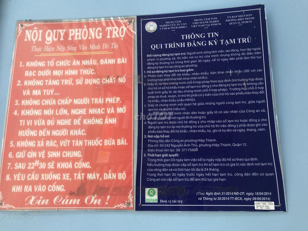 CHO THUÊ PHÒNG TRỌ Q12, an ninh, sạch sẽ, đồng hồ điện, nước riêng