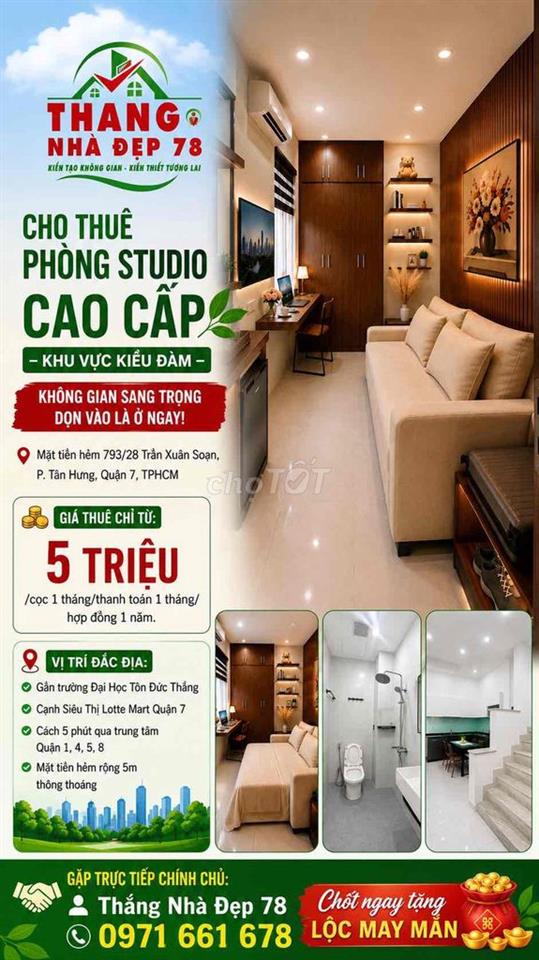CHO THUÊ PHÒNG STUDIO CAO CẤP – GIÁ 5 TRIỆU/15m2 TẠI KHU KIỀU ĐÀM - Q7