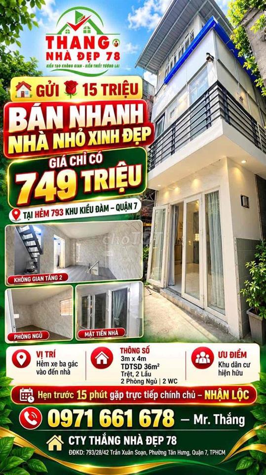 Bán Nhanh Nhà Giá 749 Triệu, 3m x 4m, Trệt, 2 Lầu, Hẻm 793 TXS, Q.7