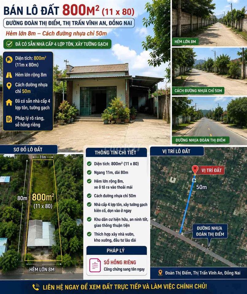 Bán lô đất 800 m2 đã có sẵn nhà kiên cố 100 m2. Vào ở ngay được