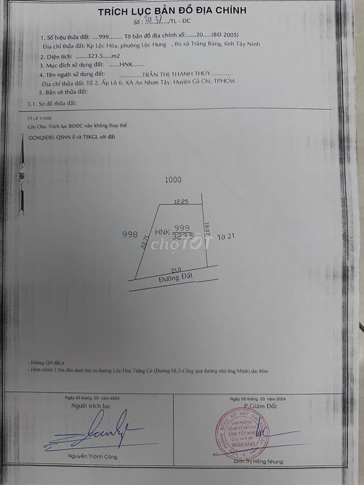 Chính chủ bán lô đất DT 323.5m2, sau lưng UBND phường Lộc Hưng(cũ)