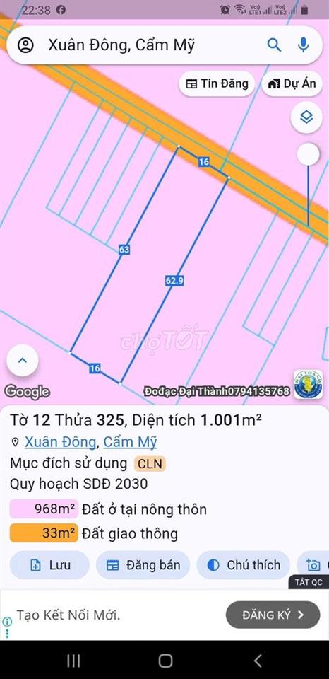 Chính chủ bán 1001m2 đất Full hồng, mặt tiền bê tông Xuân Đông. hh 2%