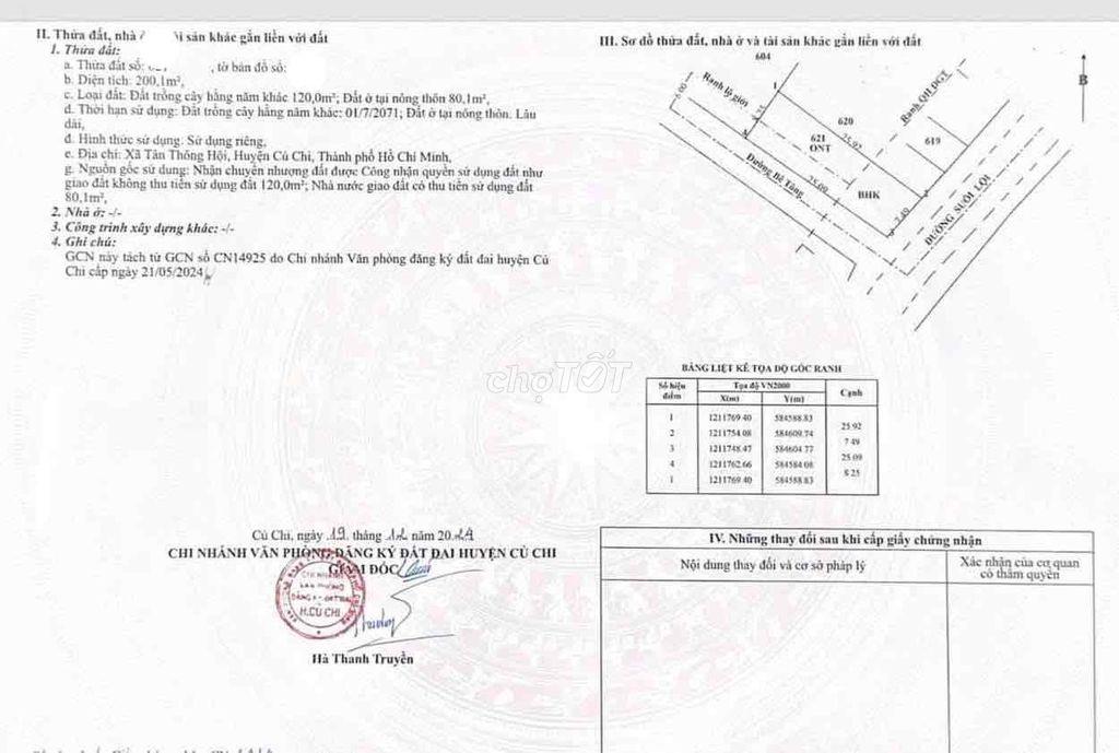 KẸT TIỀN BÁN GẤP LÔ GÓC 2 MẶT TIỀN TÂN THÔNG HỘI, CỦ CHI 200m2-630tr