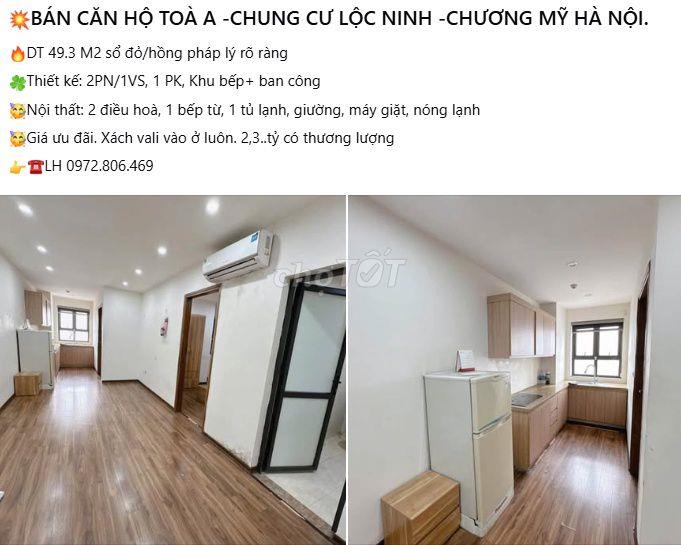 BÁN CĂN HỘ TOÀ A -CHUNG CƯ LỘC NINH -CHƯƠNG MỸ HÀ NỘI.