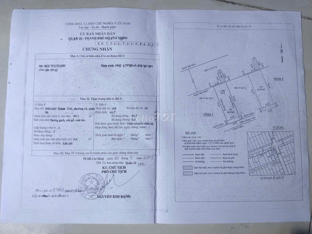 BÁN NHÀ HẺM 7 THÀNH THÁI, QUẬN 10 – 2 MẶT TIỀN TRƯỚC SAU – 6,55 TỶ